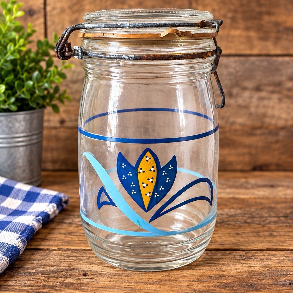 Vintage Glass Wire Bail Jar Hand Painted Corn Design Glass Lid Farmhouse